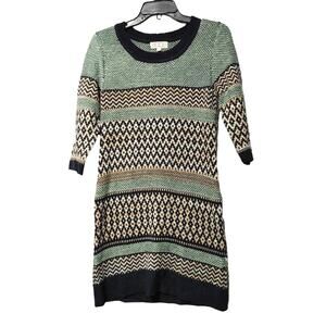 Pink Rose Bodycon Mini Sweater Dress 3/4 Sleeve Fairisle Striped Green Womens S